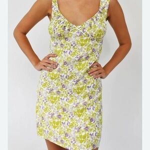 Green and lilac purple floral sleeveless dress with sweetheart neckline